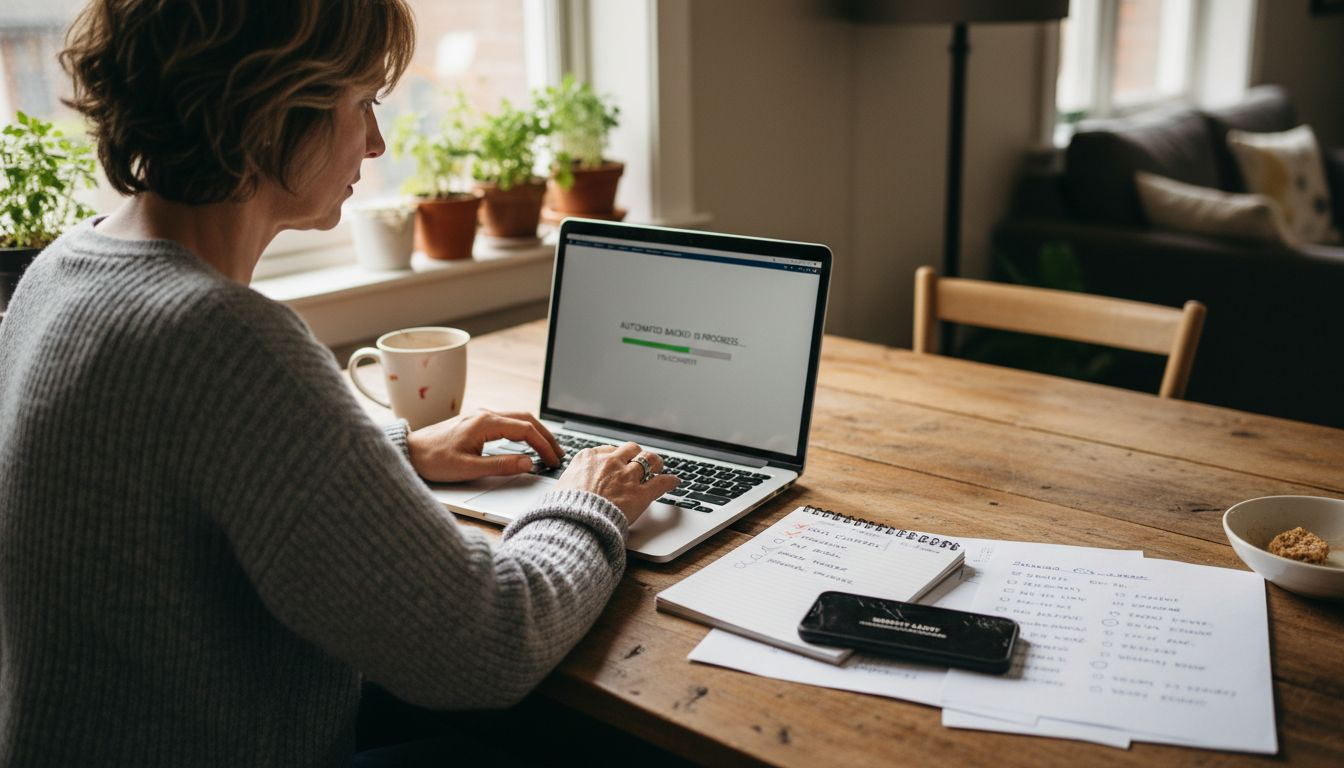 Business owner managing website backups at kitchen table