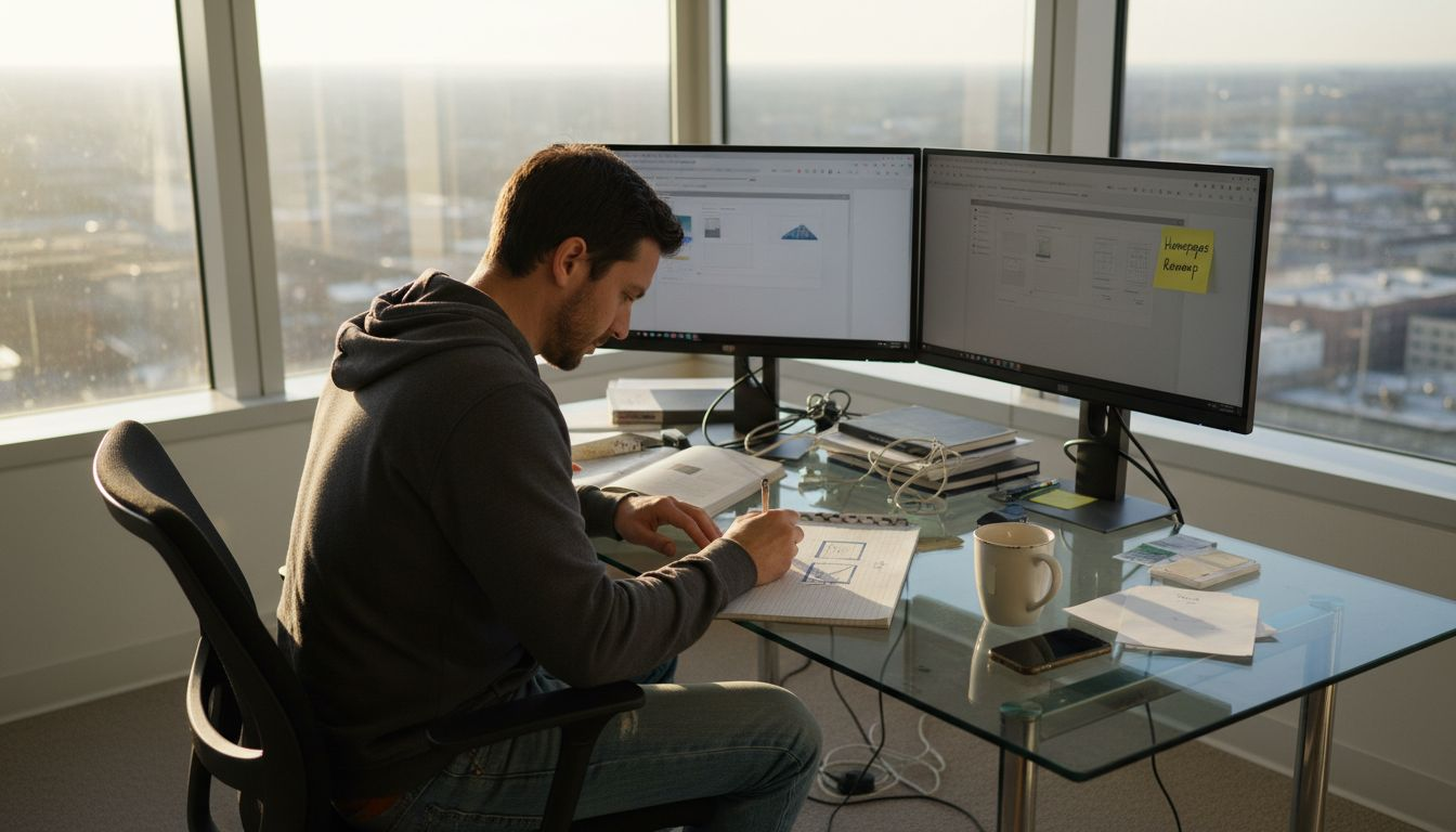 Web designer sketching website layout drafts on paper