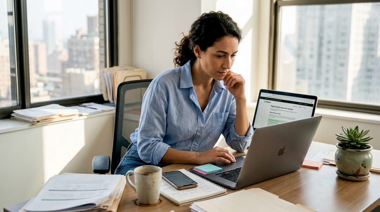 Business owner preparing email in corner office