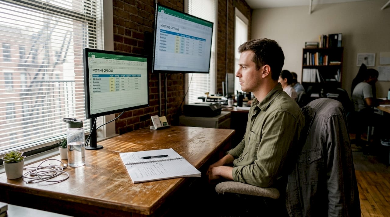 Entrepreneur evaluating email hosting workspace