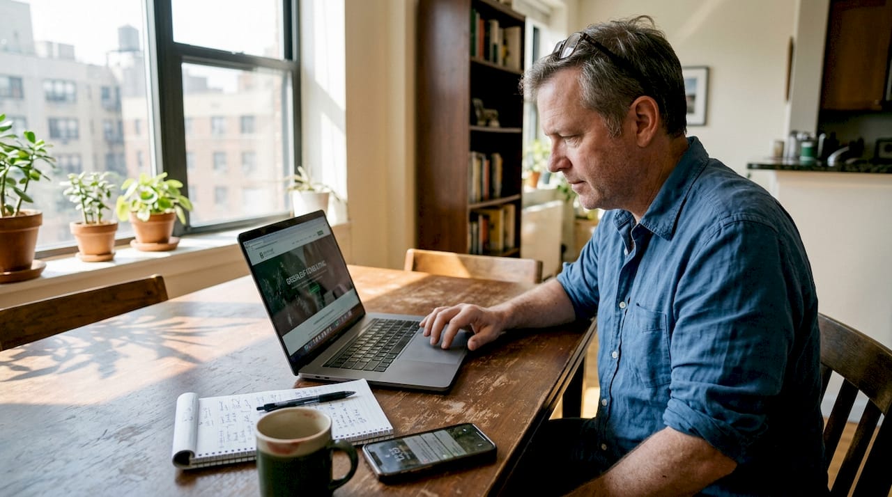 Business owner checking website content at table