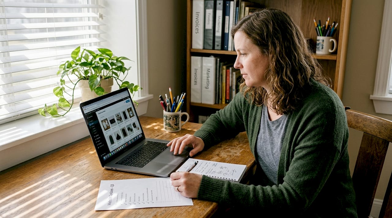 Small business owner updating website at desk
