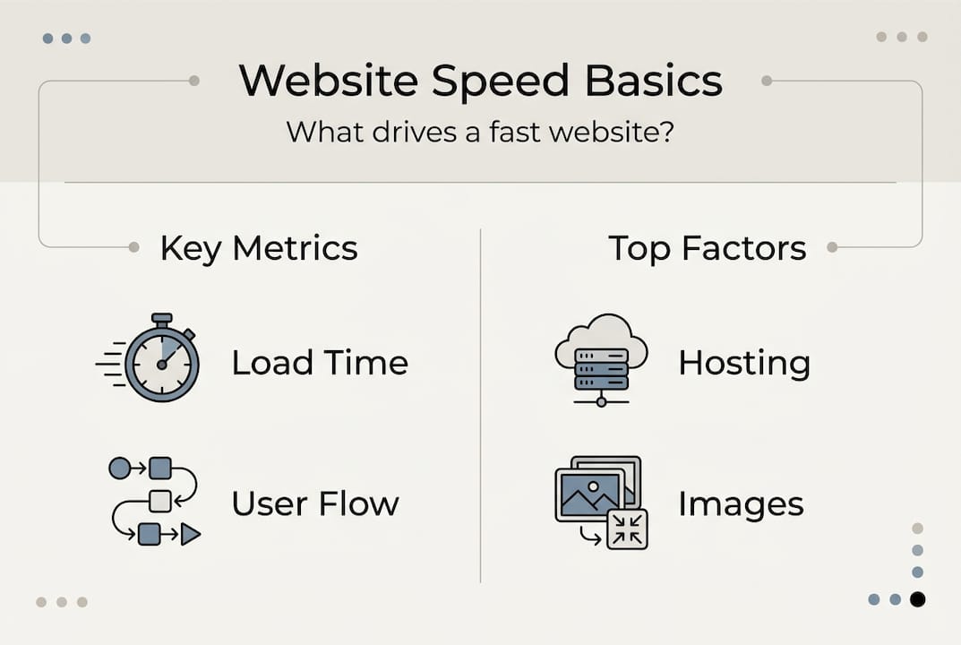 Infographic showing website speed key metrics and factors