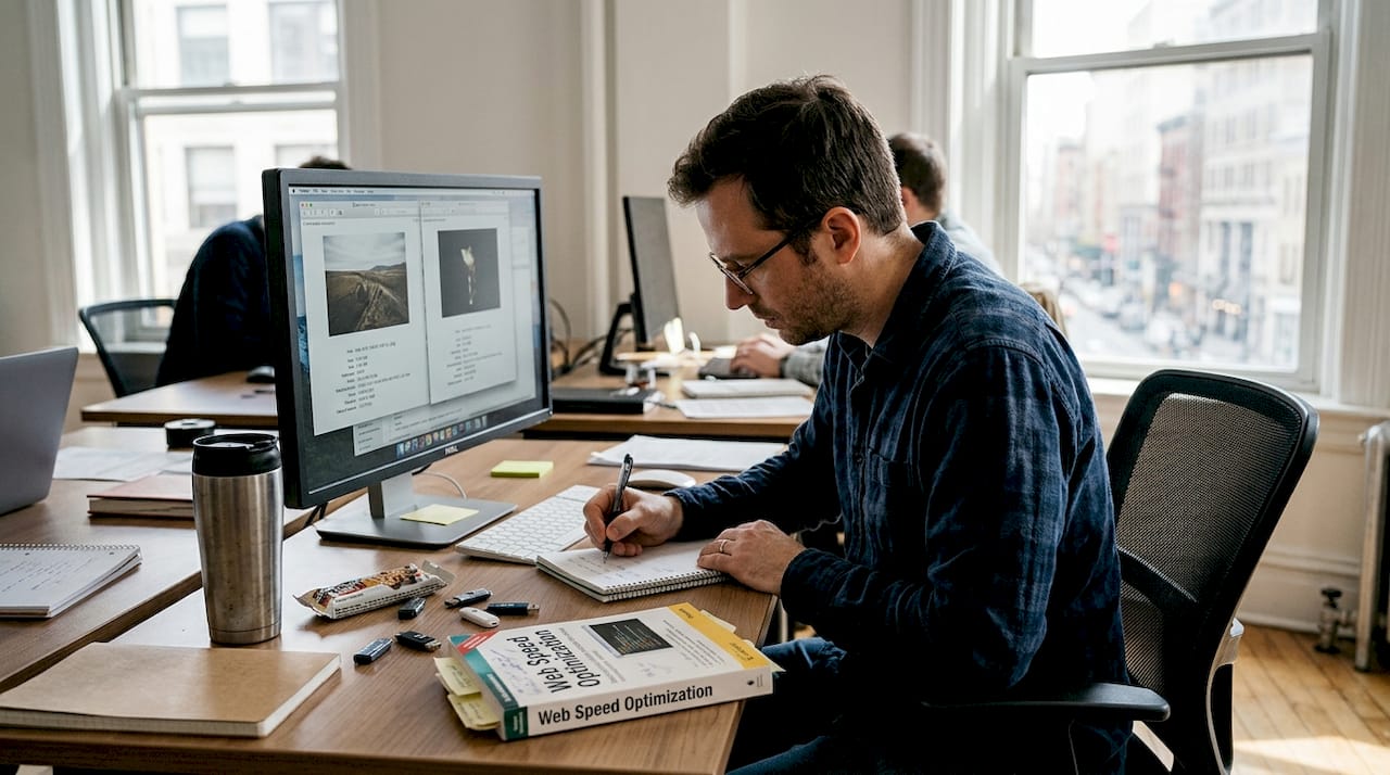 Man optimizing images at shared office desk
