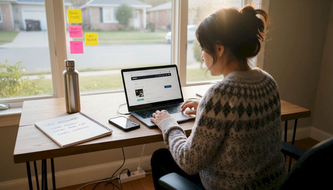 Business owner working on website at home