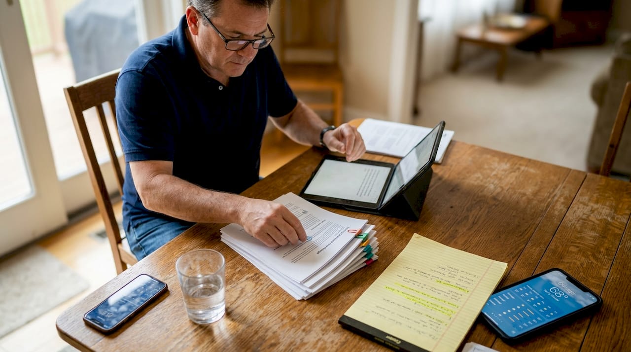 Owner organizing printed website service pages