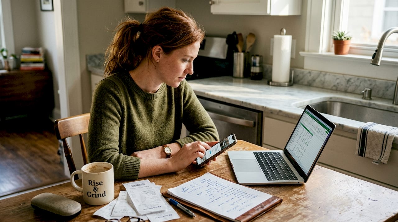 Small business owner reviewing mobile website