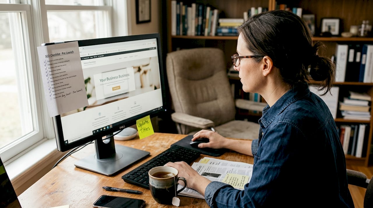 Woman checks website homepage for on-page SEO