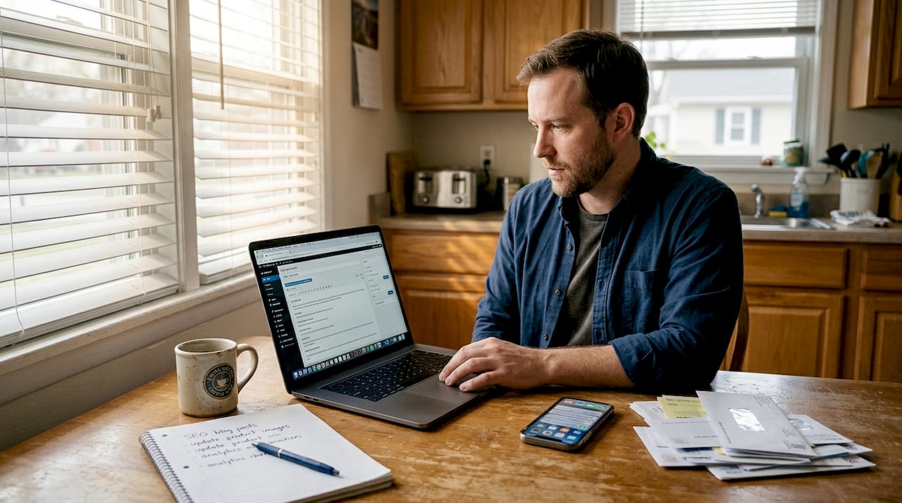 Small business owner works on website seo