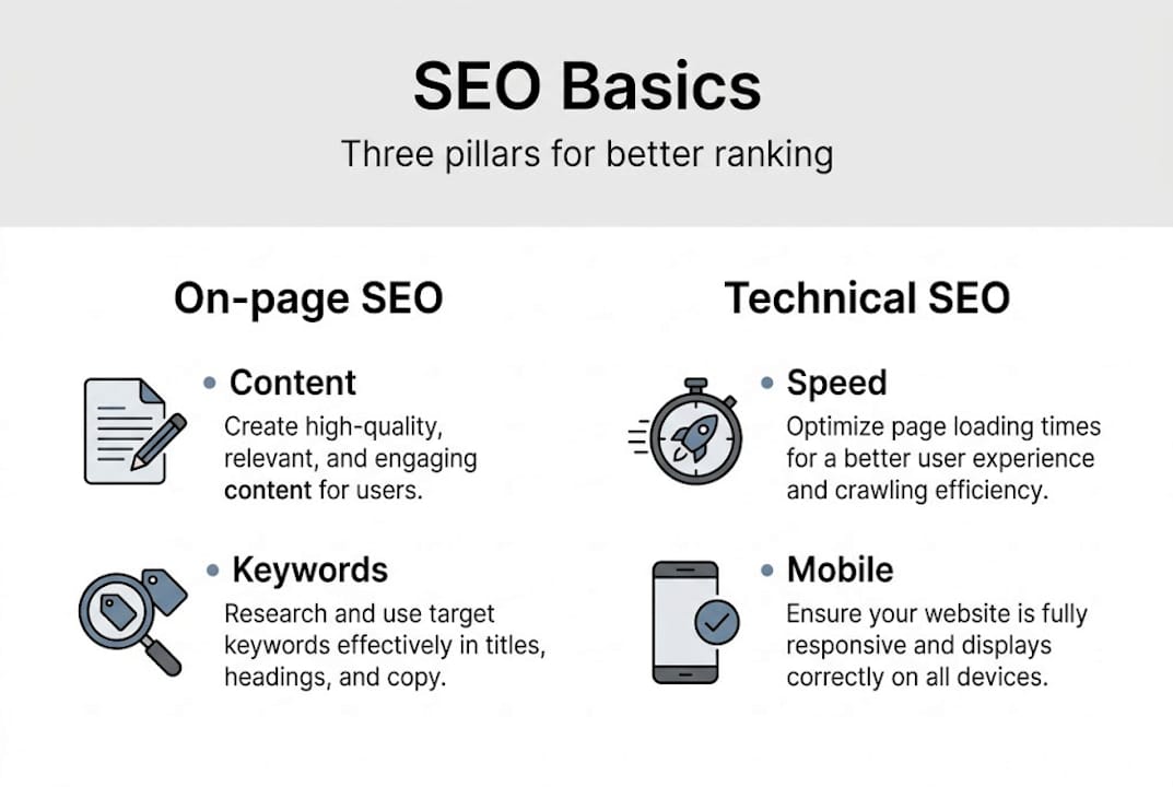 Infographic showing SEO basics three pillars