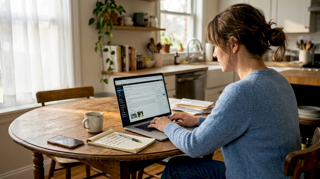 Small business owner updating website at home
