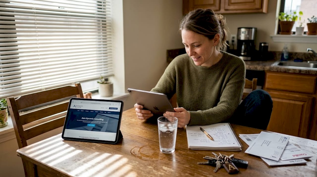 Marketer checking site on tablet at table