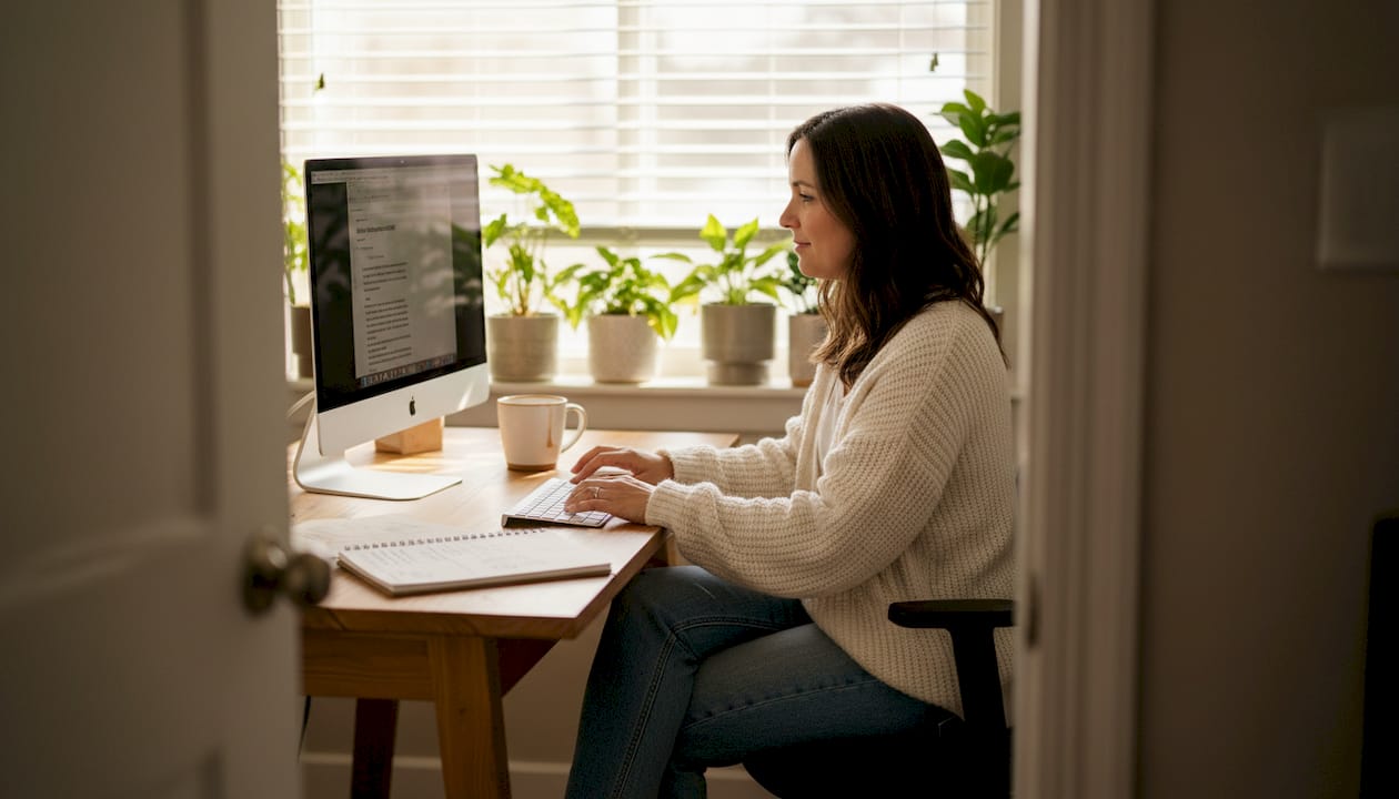 Business owner sending branded email at desk