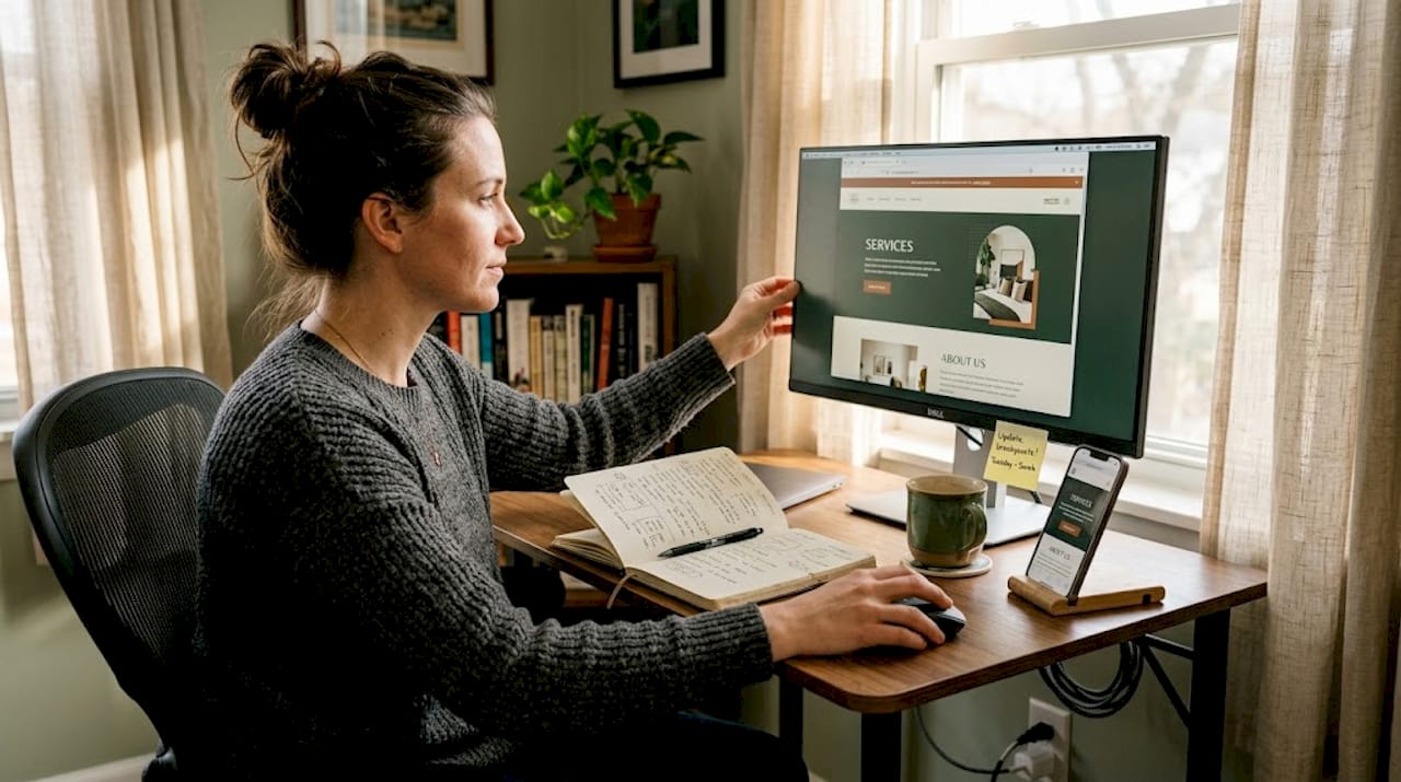Designer testing website layout on desktop and phone