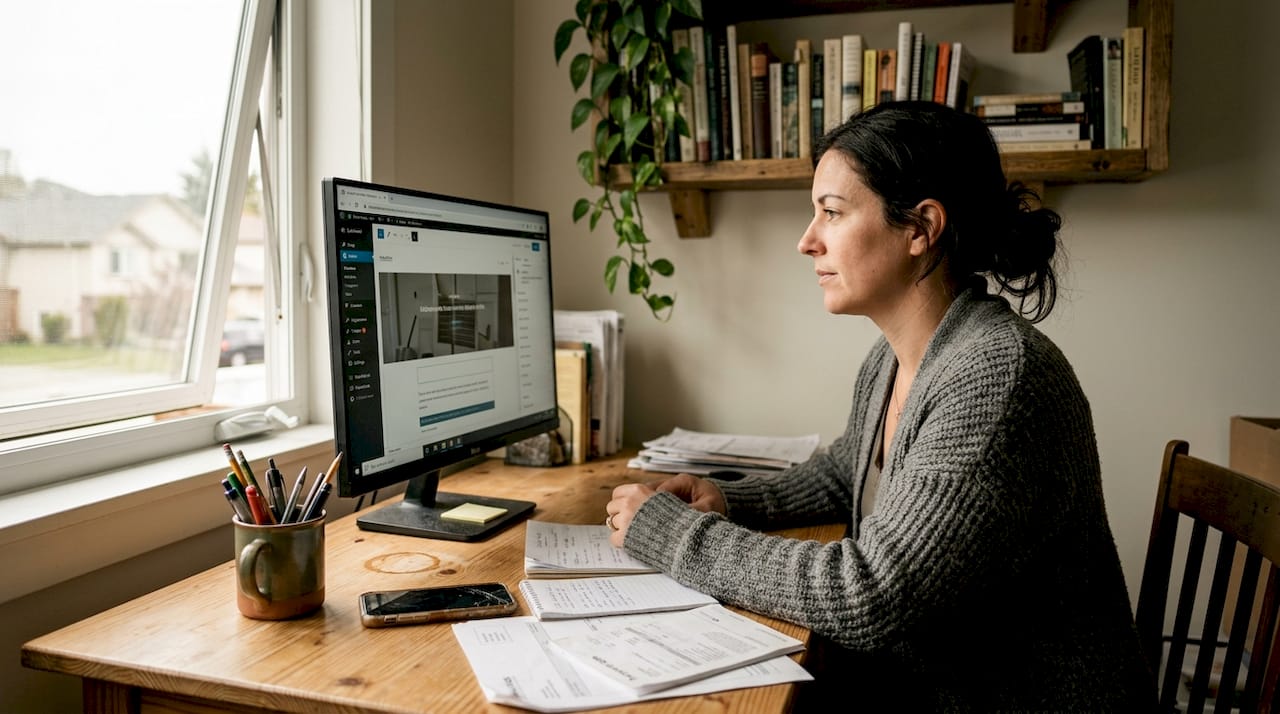 Small business owner updating website at home desk