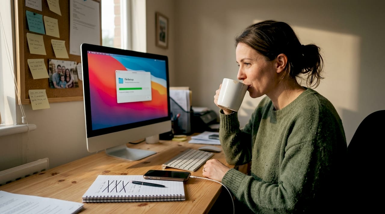 Person manages website backup in home office