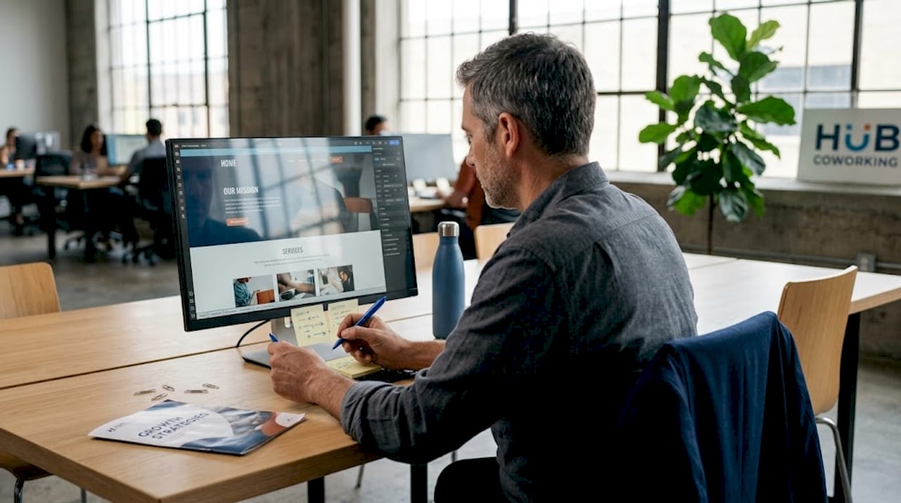 Businessman updating homepage content at coworking table