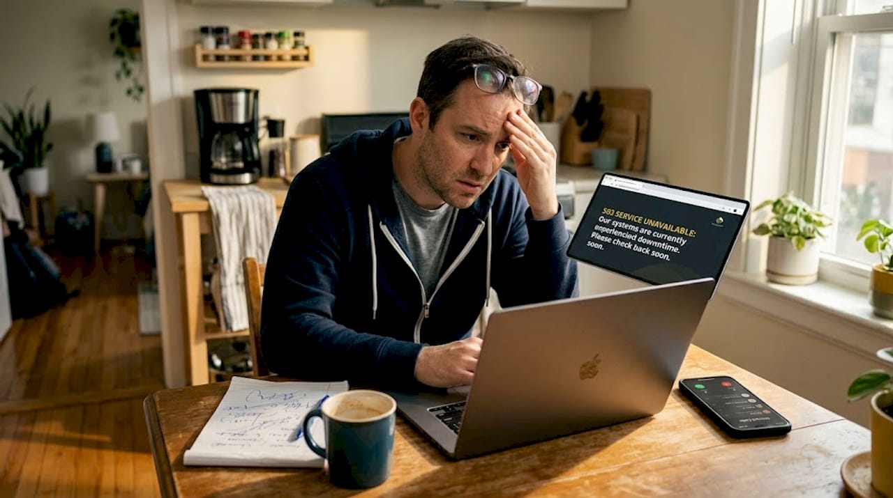 Small business owner concerned over a website error on their laptop