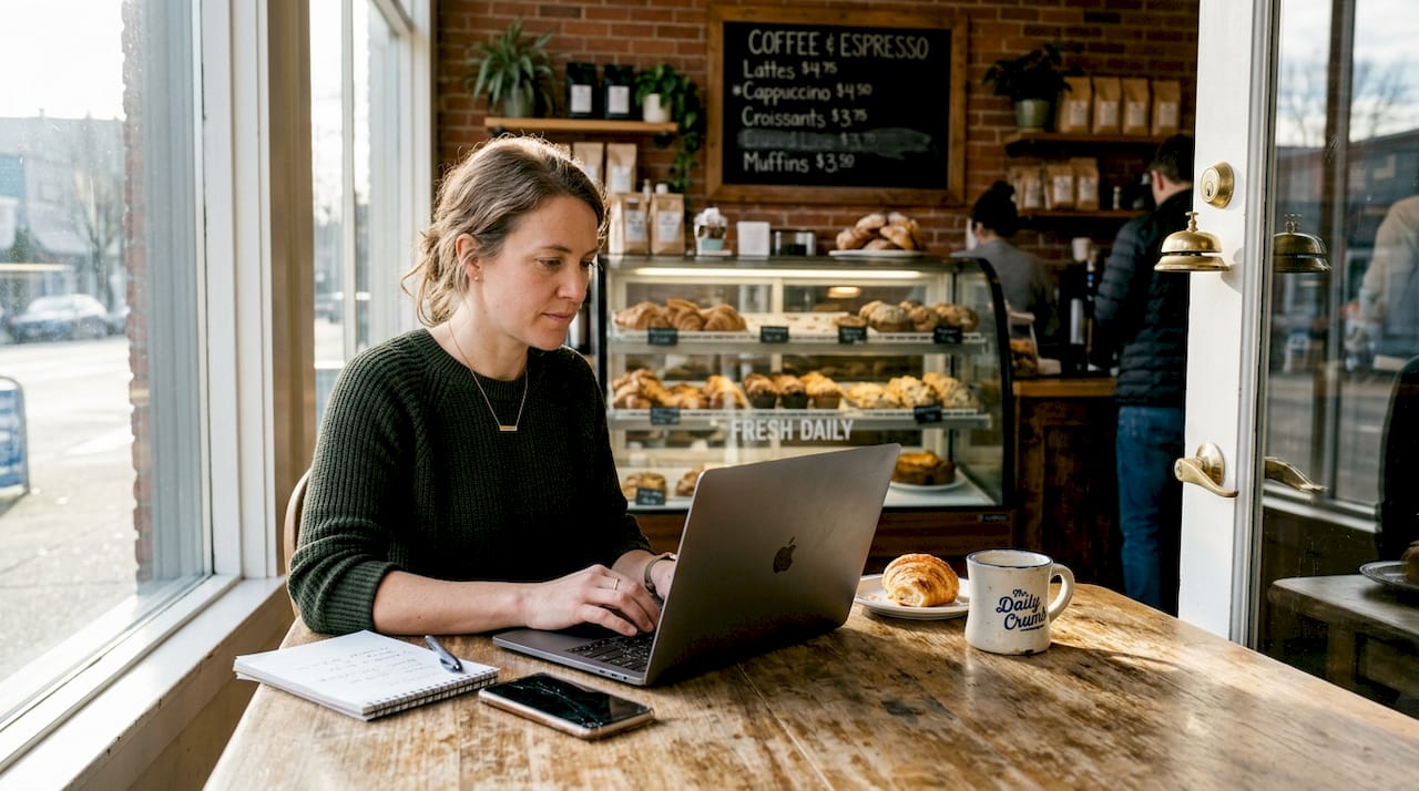 Bakery owner updating local business listings at a table
