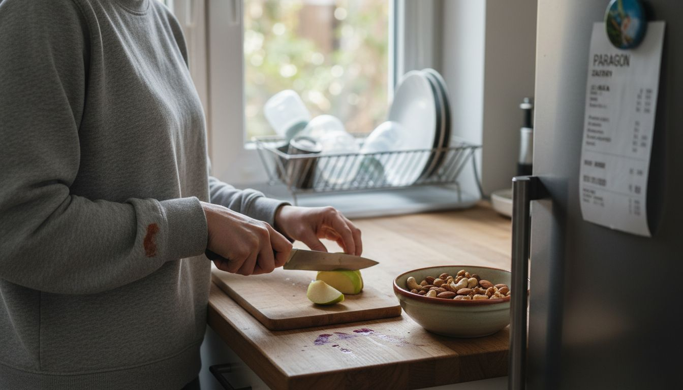 Mama szykuje w kuchni coś zdrowego do podjadania.