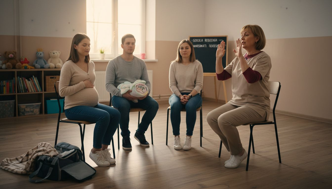 Prowadząca pokazuje rodzicom, jak prawidłowo wykonywać ćwiczenia oddechowe.