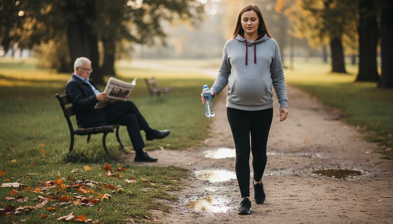 Jesienią przyszła mama spaceruje po parku, ciesząc się spokojem i kolorami otaczającej ją przyrody.