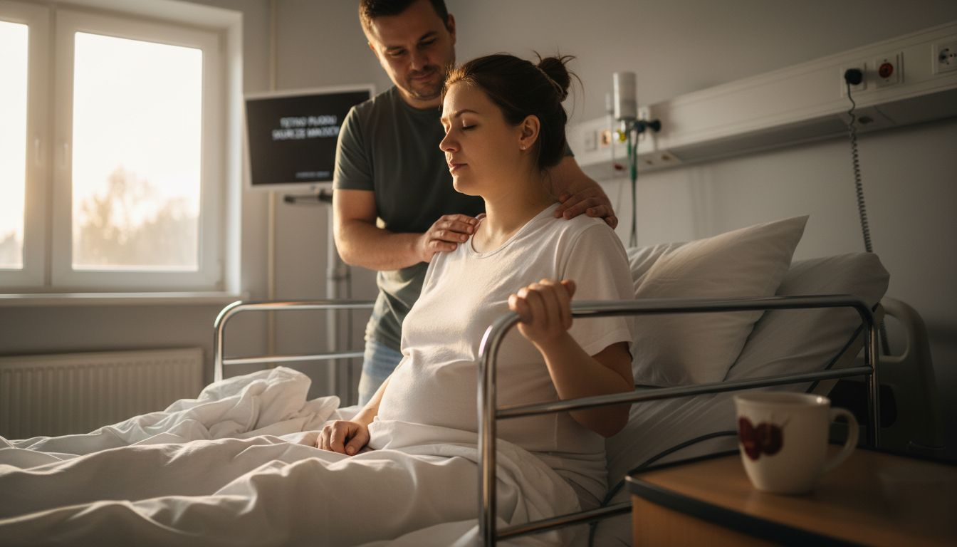 Kobieta ćwiczy techniki oddechowe podczas porodu, mając wsparcie swojego partnera.