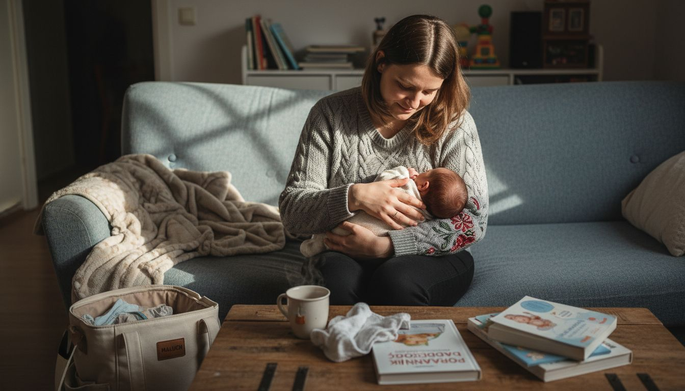 Mama tuli noworodka w domowym, przytulnym salonie.
