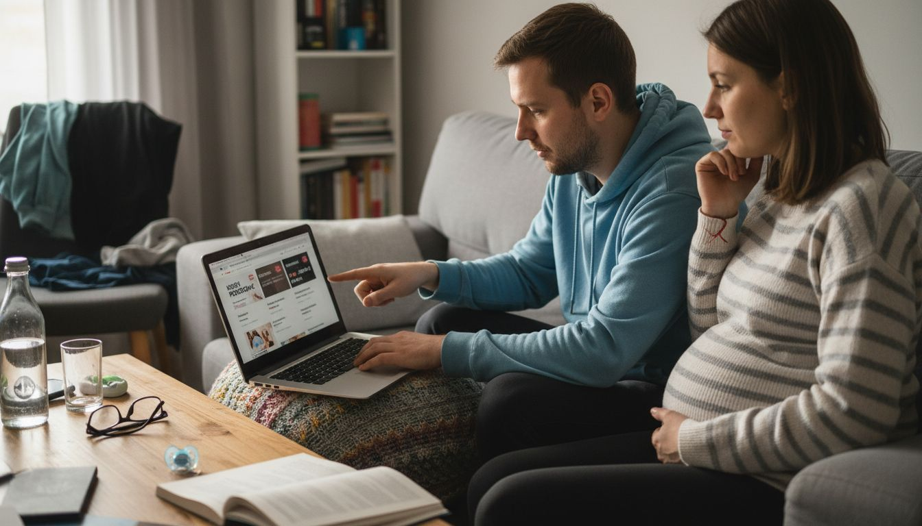Para przegląda i porównuje dostępne w internecie kursy przygotowujące do porodu, zastanawiając się, który z nich najlepiej odpowiada ich potrzebom.