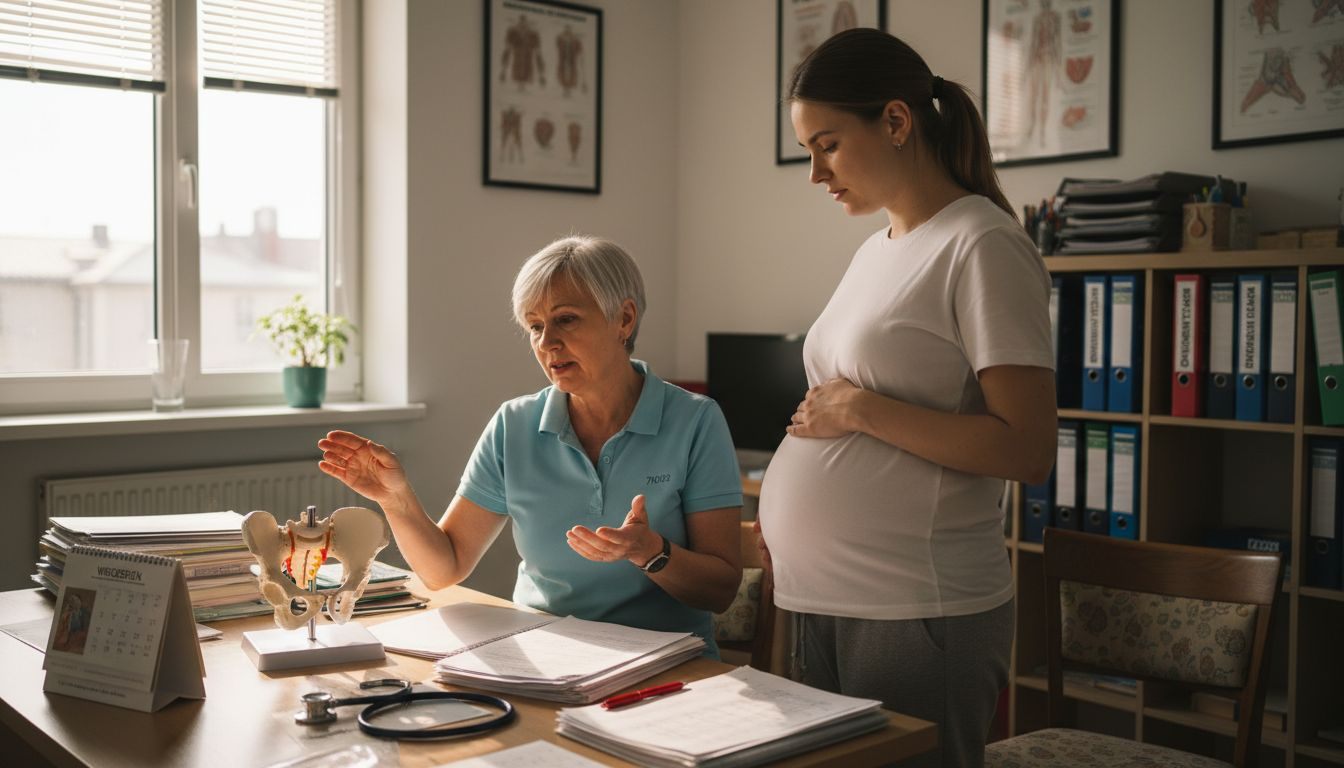 Kobieta w ciąży podczas wizyty u fizjoterapeuty w gabinecie