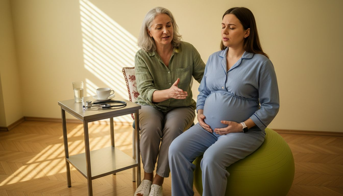 Kobieta w ciąży ćwiczy techniki przygotowujące do porodu.
