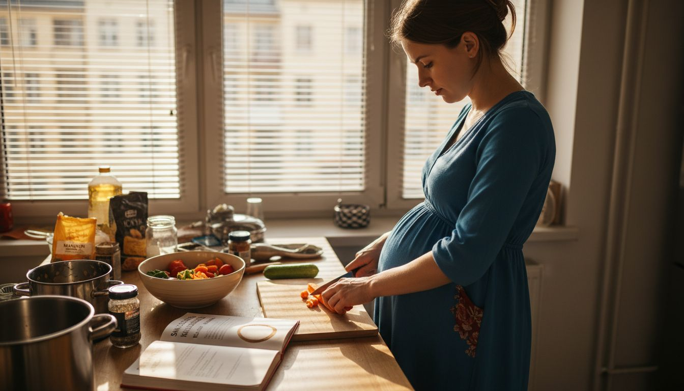 Kobieta w ciąży przygotowuje świeże warzywa do obiadu.