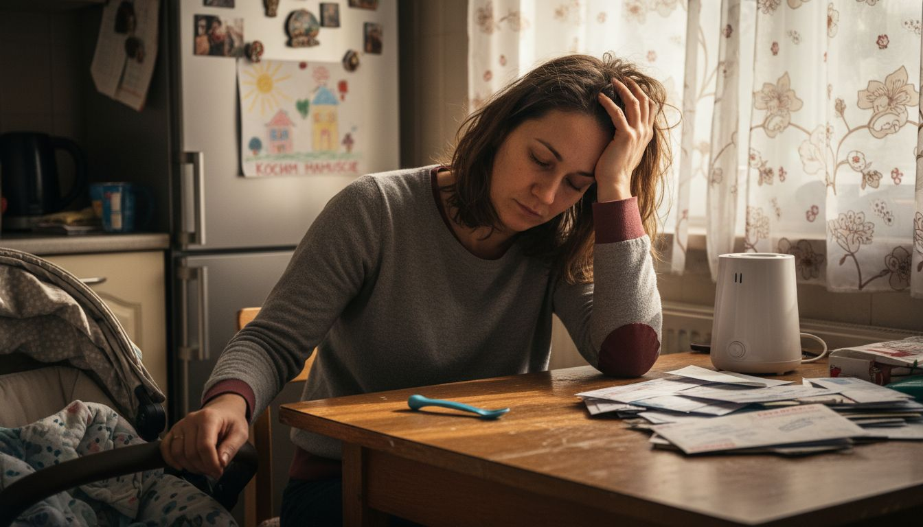 Zmęczona mama siedzi przy kuchennym stole i z zamyśleniem kołysze wózek.