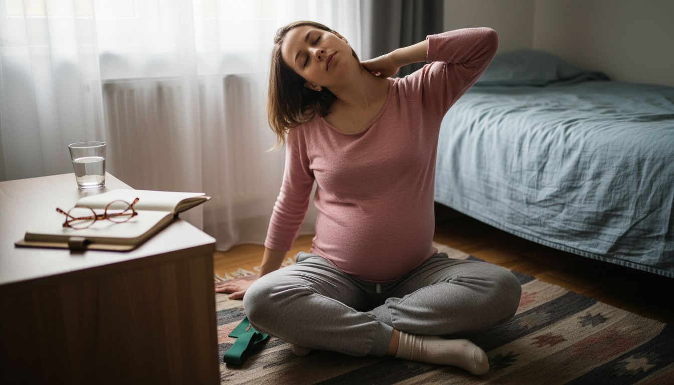 Kobieta w ciąży wykonująca ćwiczenia rozciągające odpowiednie dla pierwszego trymestru