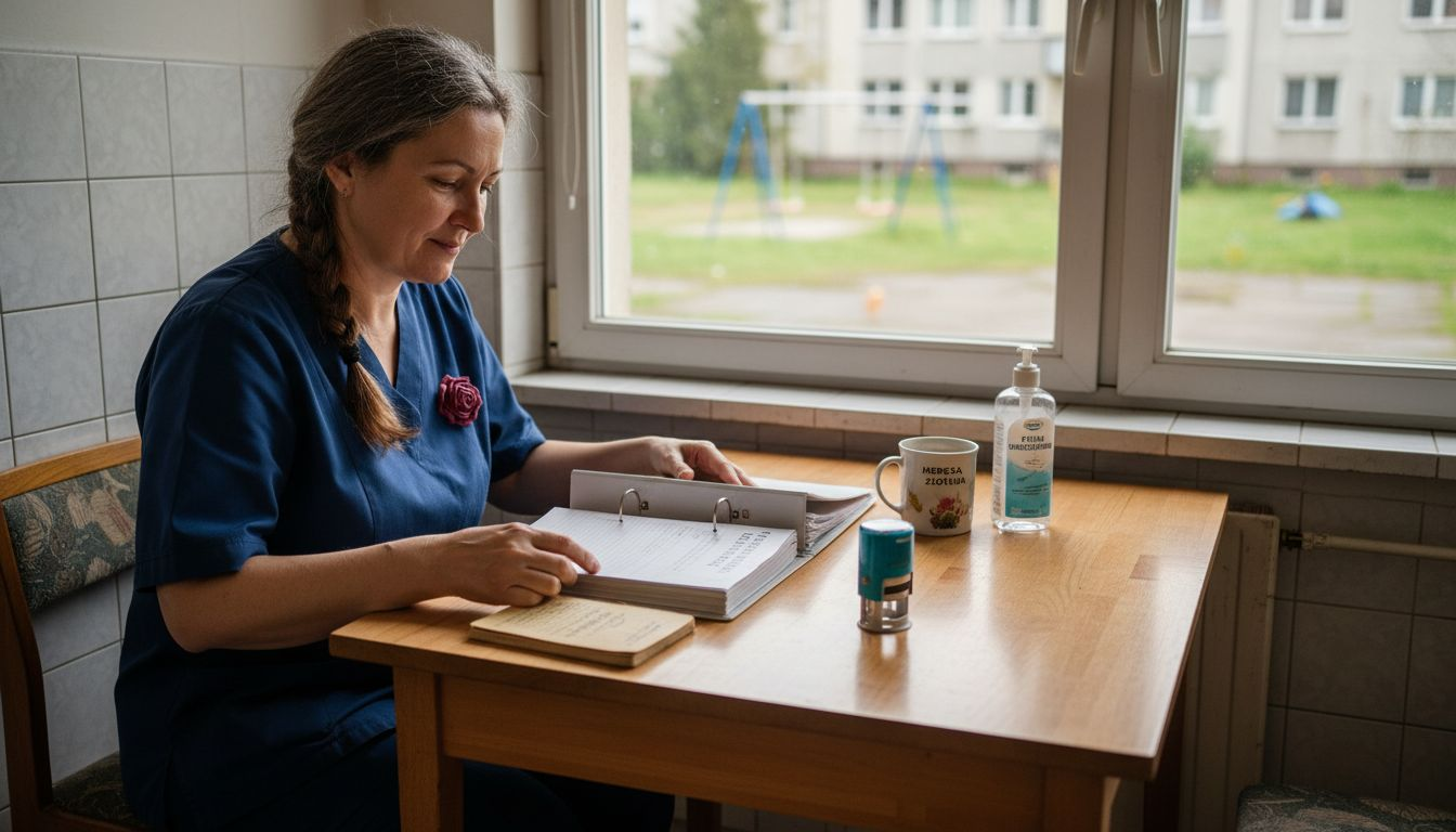 Położna sprawdza dokumenty uprawniające do wykonywania zawodu przy stole.