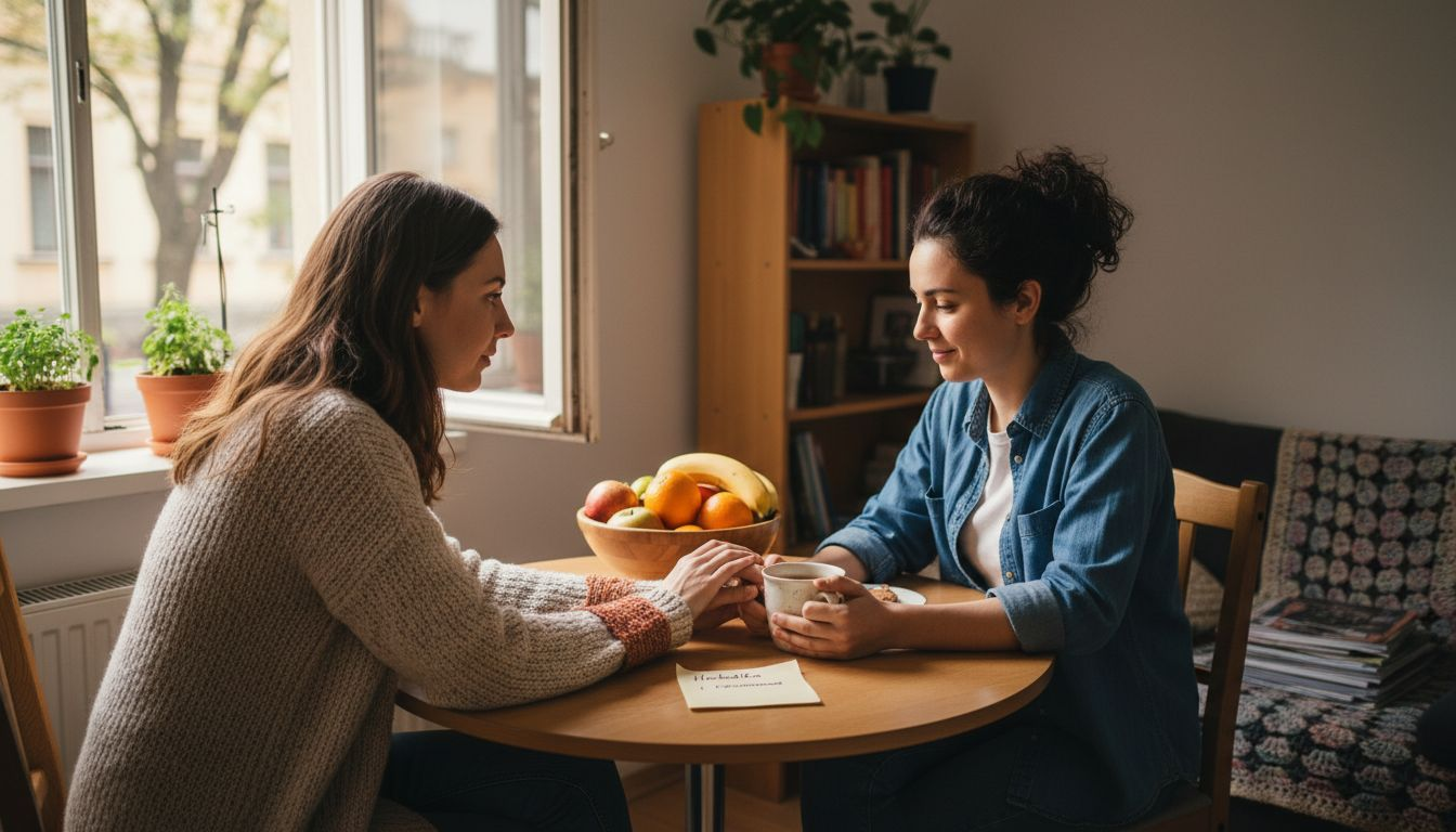 Dwie kobiety siedzą przy kuchennym stole, rozmawiają ze sobą i wspierają się nawzajem w trudnej chwili.
