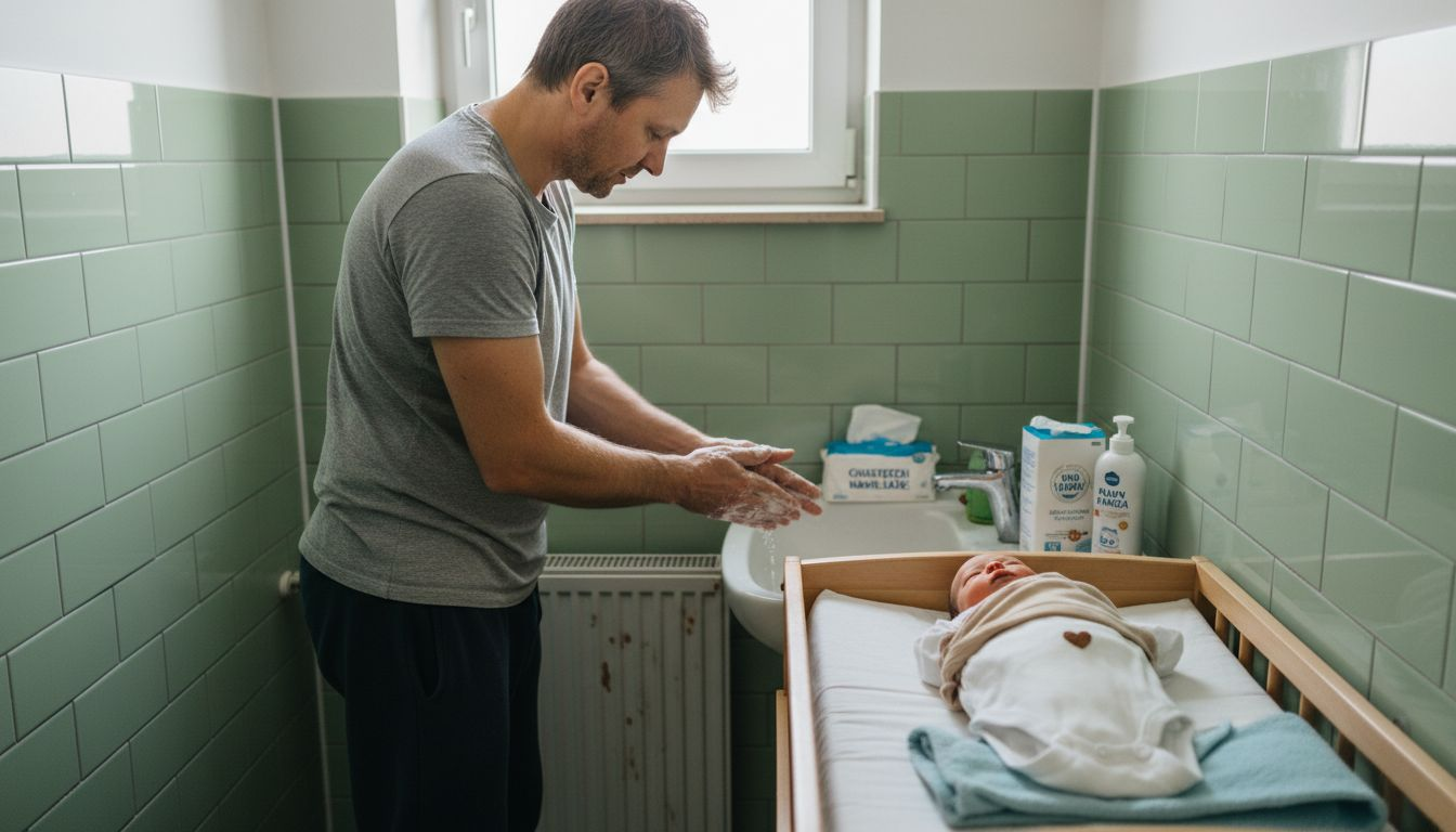 Tata dokładnie myje ręce przed przewijaniem malucha.