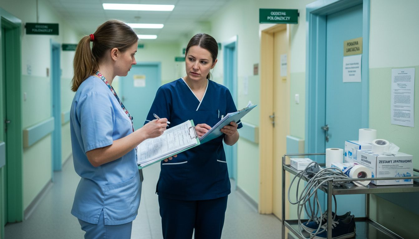 Położna i pielęgniarka rozmawiają ze sobą na szpitalnym korytarzu oddziału położniczego.