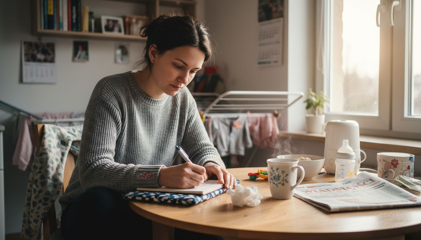 Mama siedzi przy stole w jasnej kuchni i zapisuje swoje myśli w dzienniku.