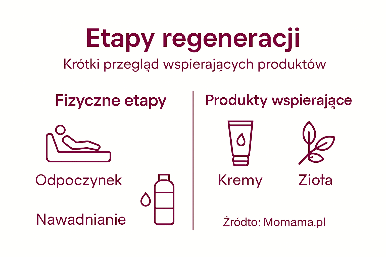 Infografika przedstawiająca kolejne fazy regeneracji oraz polecane produkty wspierające ten proces