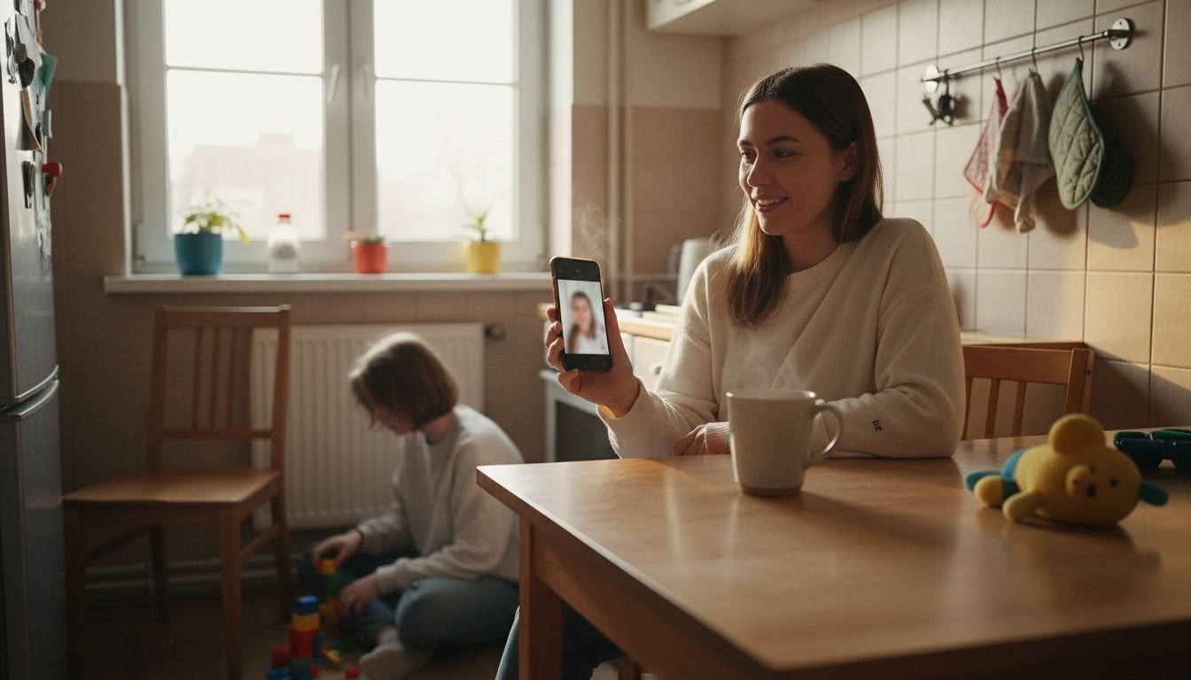 Mama rozmawiająca przez wideo w kuchni