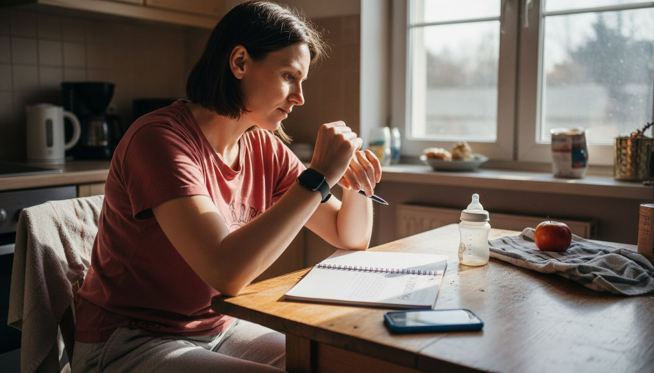 Kobieta prowadząca dziennik, w którym zapisuje swoje postępy w powrocie do formy po ciąży.