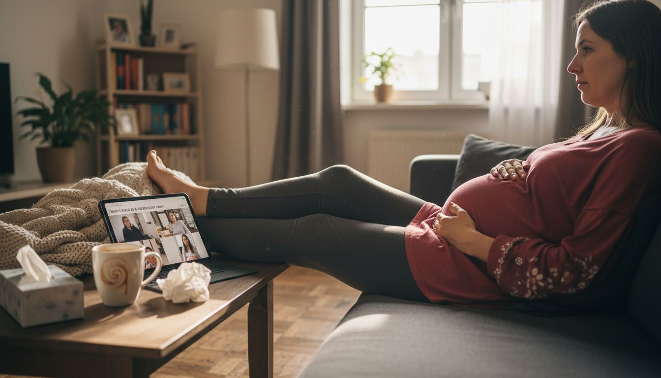 Kobieta w ciąży bierze udział w zajęciach online, korzystając z tabletu.