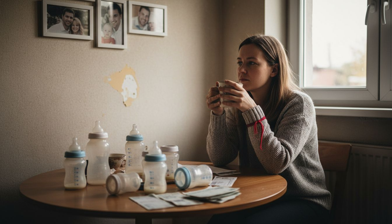 Kobieta zamyślona siedzi przy stole w kuchni, wokół której piętrzy się bałagan.
