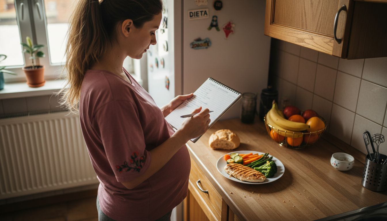 Kobieta w ciąży zapisuje, co zjadła, w swoim dzienniku