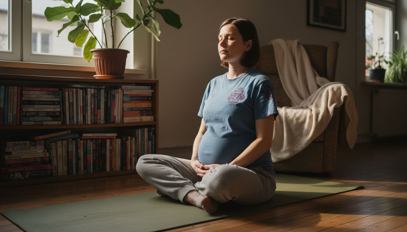 Kobieta w ciąży ćwiczy techniki oddechowe na macie do jogi.