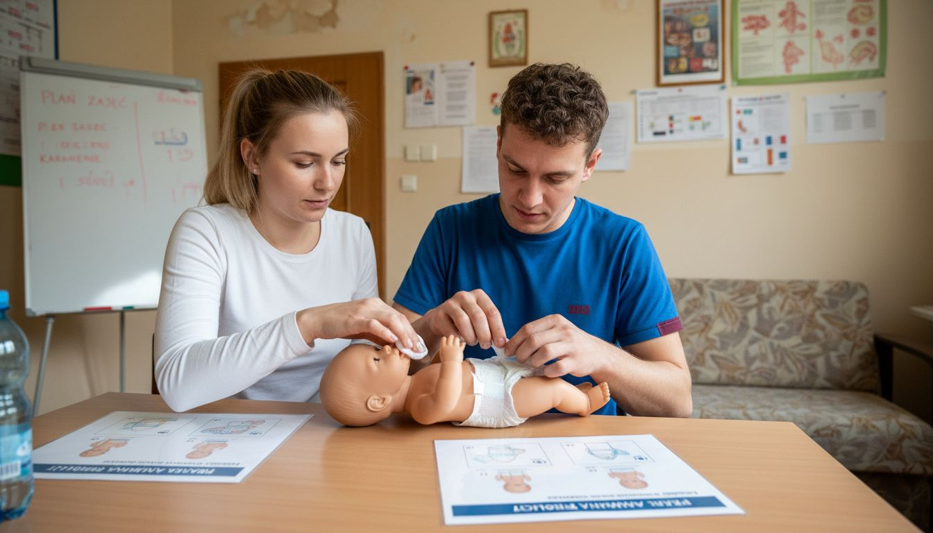Para uczy się opieki nad noworodkiem podczas warsztatów