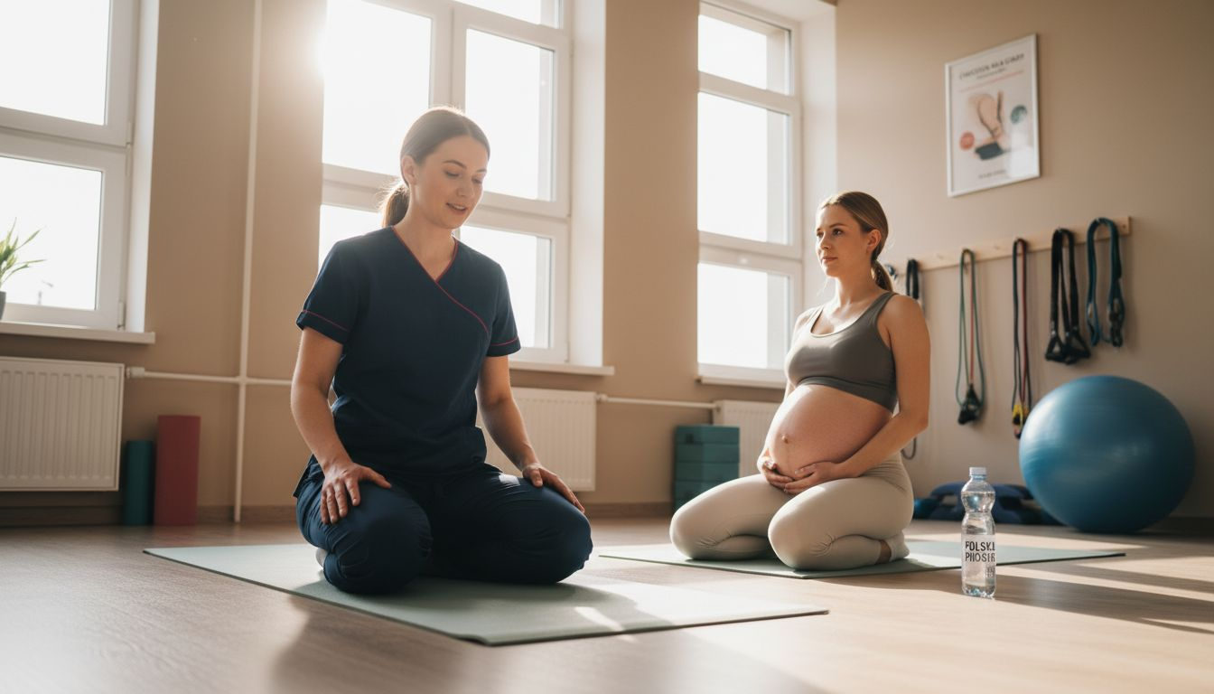 Specjalista od rehabilitacji pokazuje, jak prawidłowo wykonywać ćwiczenia wzmacniające mięśnie dna miednicy.