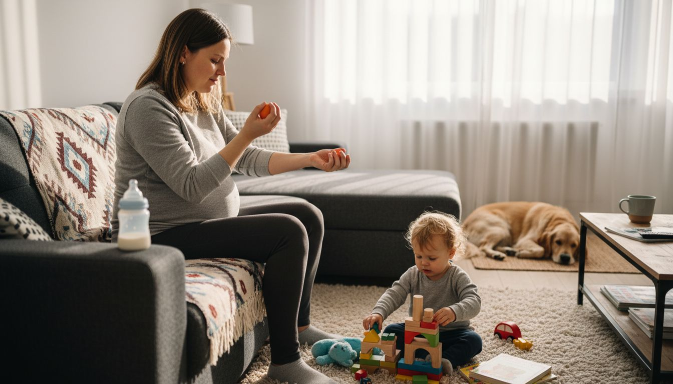 Kobieta w ciąży wykonuje w domu ćwiczenia na nadgarstek.