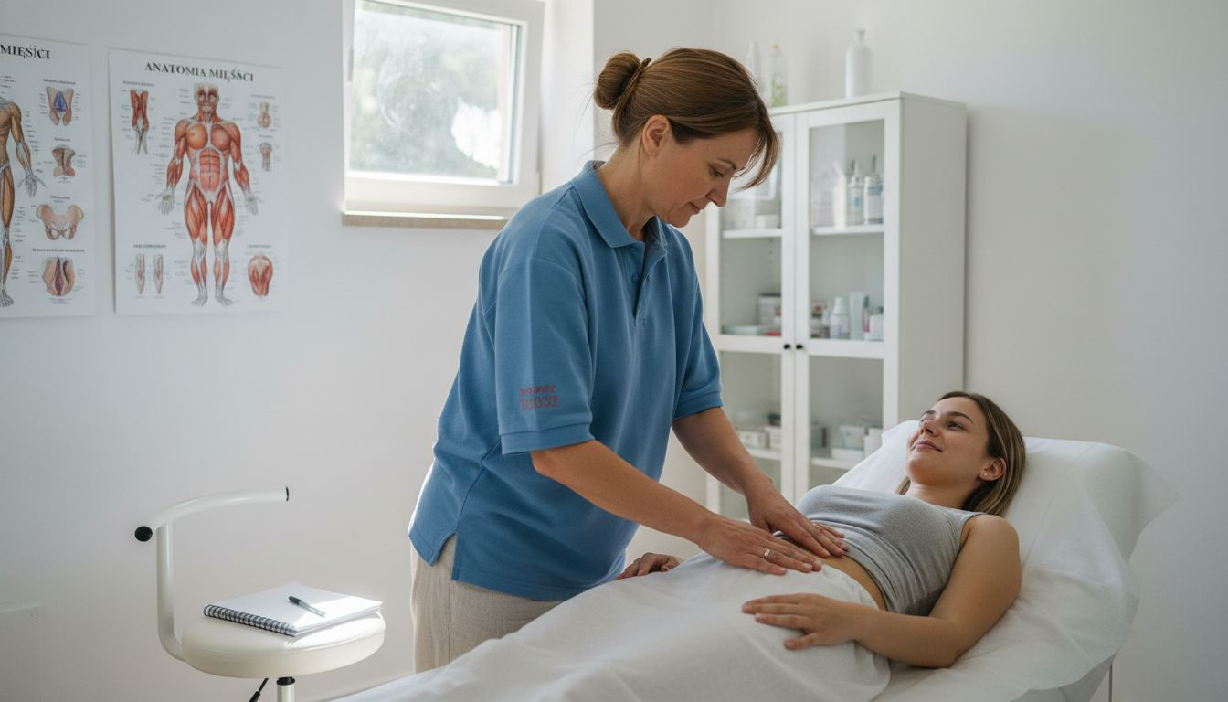 Fizjoterapeuta przeprowadza ocenę mięśni brzucha podczas wizyty w gabinecie.